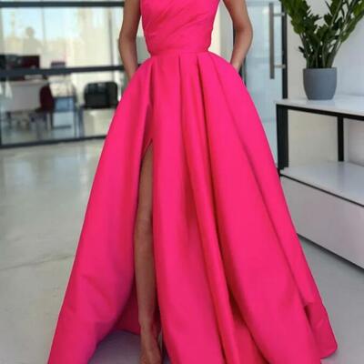 Simple one shoulder satin hot pink long prom dresses - Thumbnail 3