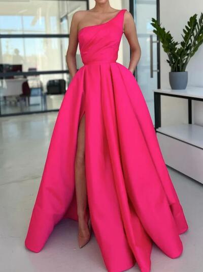 Simple One Shoulder Satin Hot Pink Long Prom Dresses
