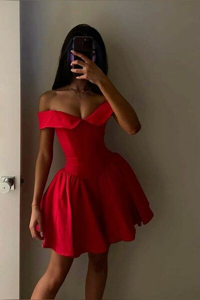 MC213, Red Homecoming Dress, Off The Shoulder Mini Party Dresses