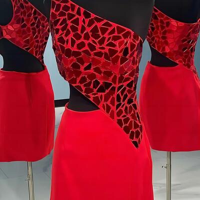 One shoulder short red prom dresses, one shoulder short red formal homecoming dresses,sf0547