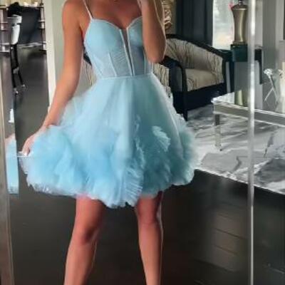 Hot pink plunging v neck straps a-line ruffles homecoming dress,sf0549