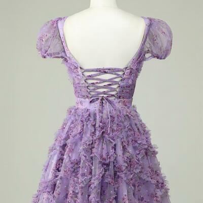 Floral a line purple homecoming dress with ruffles,sf0551