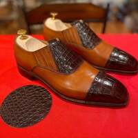 New Handmade Pure Tan Cow & Dark Brown Crocodile Leather Stylish Shoes for Men's - Thumbnail 4