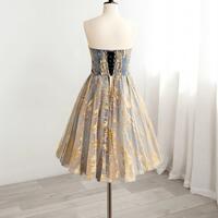 A-Line Gold/Blue Lace Short Prom Dress, Cute Homecoming Dress with Beading,SF0554 - Thumbnail 1