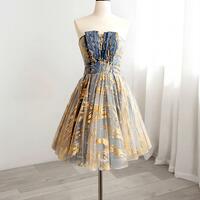 A-Line Gold/Blue Lace Short Prom Dress, Cute Homecoming Dress with Beading,SF0554 - Thumbnail 2