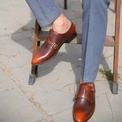 New pure handmade brown shaded leather monk strap shoes for men's