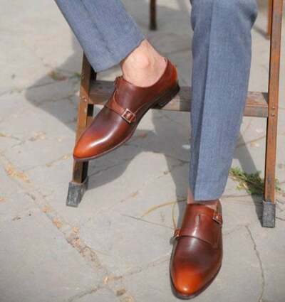 New Pure Handmade Brown Shaded Leather Monk Strap Shoes for Men's