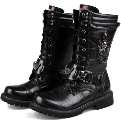 Black leather combat boots for men