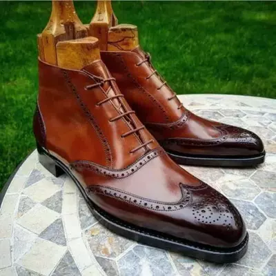 Men's handmade two tone brown leather ankle high wingtip brogue boots