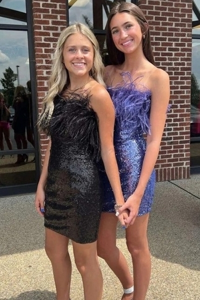 Column Homecoming Dress Short Prom Dress with Sequins and Feathers