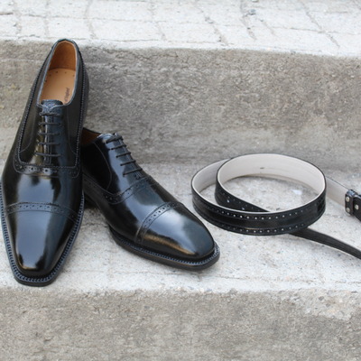 Crafted leather classic black calf leather oxford lace up dress formal shoes with matching belt - Thumbnail 4