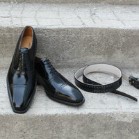 Crafted Leather Classic Black Calf Leather Oxford Lace up Dress Formal Shoes with Matching Belt - Thumbnail 4