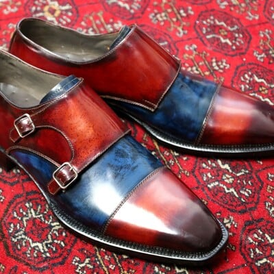 Crafted leather handmade classic brown blue patina leather double monk strap dress shoes - Thumbnail 4