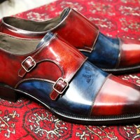 Crafted Leather Handmade Classic Brown Blue Patina Leather Double Monk Strap Dress Shoes - Thumbnail 1