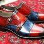 Crafted Leather Handmade Classic Brown Blue Patina Leather Double Monk Strap Dress Shoes-1