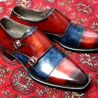 Crafted Leather Handmade Classic Brown Blue Patina Leather Double Monk Strap Dress Shoes - Thumbnail 2