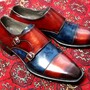 Crafted Leather Handmade Classic Brown Blue Patina Leather Double Monk Strap Dress Shoes-2
