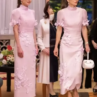 Elegant pink mother of the bride dresses 3d floral appliques high neck ankle length formal event gowns