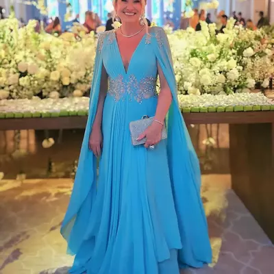 Bue mother of the bride / groom dresses with cape v neck wedding guest dress 