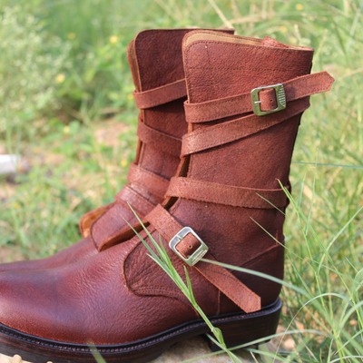 Crafted leather bespoke dress shoes classic brown leather military strap ankle high boot - Thumbnail 5