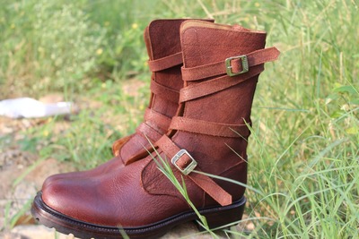 Crafted Leather Bespoke Dress Shoes Classic Brown Leather Military Strap Ankle High Boot