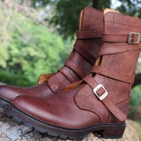 Crafted Leather Bespoke Dress Shoes Classic Brown Leather Military Strap Ankle High Boot - Thumbnail 2