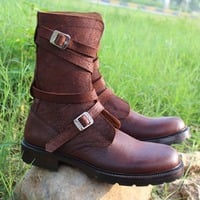Crafted Leather Bespoke Dress Shoes Classic Brown Leather Military Strap Ankle High Boot - Thumbnail 3