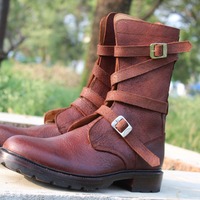 Crafted Leather Bespoke Dress Shoes Classic Brown Leather Military Strap Ankle High Boot - Thumbnail 4
