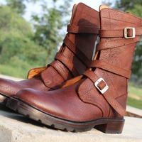 Crafted Leather Bespoke Dress Shoes Classic Brown Leather Military Strap Ankle High Boot - Thumbnail 6