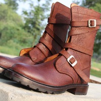 Crafted Leather Bespoke Dress Shoes Classic Brown Leather Military Strap Ankle High Boot - Thumbnail 7