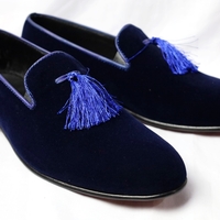 Crafted Leather Blue Velvet Loafers Dress Shoes For Men - Thumbnail 1