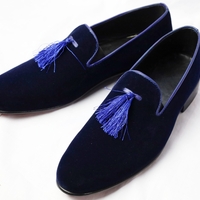 Crafted Leather Blue Velvet Loafers Dress Shoes For Men - Thumbnail 2