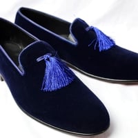 Crafted Leather Blue Velvet Loafers Dress Shoes For Men - Thumbnail 3