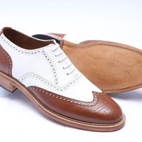 Crafted Leather Classic Brown White Leather Wingtip Oxford Lace up Dress Shoes - Thumbnail 3