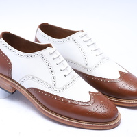 Crafted Leather Classic Brown White Leather Wingtip Oxford Lace up Dress Shoes - Thumbnail 1