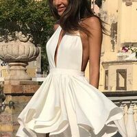 MC216,Sexy Ivory Deep V-Neck Homecoming Dresses Halter A-Line Graduation Dress - Thumbnail 1