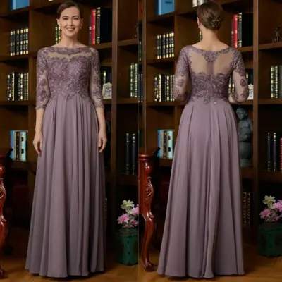 Purple mother of the bride /groom gowns 3/4 sleeves sheer neck illusion appliqued lace beaded and sequined dress for arabic black women wedding guest