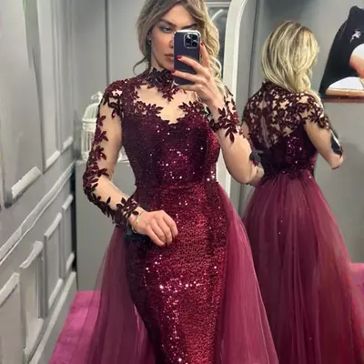 Mother of bride/groom dresses mermaid plus size high neck long sleeves sequined lace mother's dress with detachable tulle train for black women girls 
