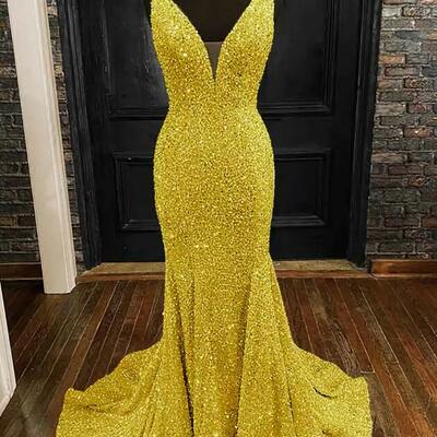 Mermaid spaghetti straps yellow sparkly sequins long prom dresses