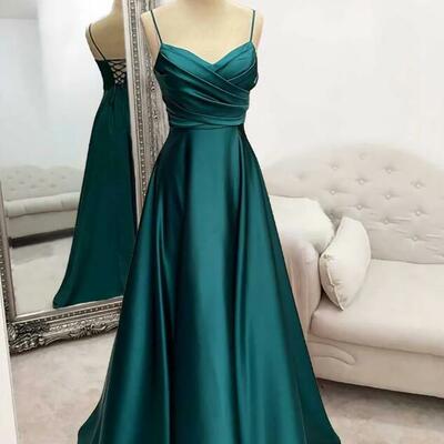 Spaghetti straps long/floor-length satin prom dresses - Thumbnail 3
