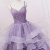 A Line Spaghetti Straps Tulle Purple V-Neck Tulle Long Prom Dresses - Thumbnail 1