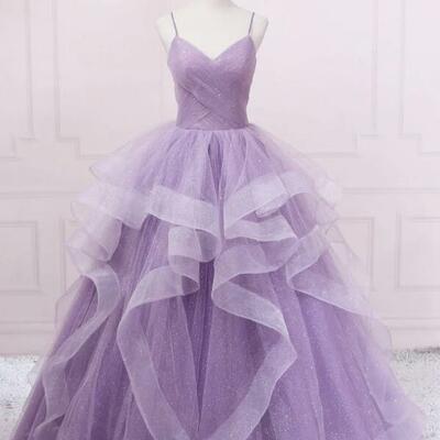 A line spaghetti straps tulle purple v-neck tulle long prom dresses - Thumbnail 3