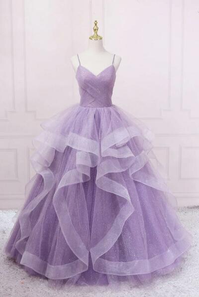A Line Spaghetti Straps Tulle Purple V-Neck Tulle Long Prom Dresses