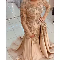 Mother of the Bride/ Groom Dresses Champagne Jewel Neck Illusion Crystal Beads Lace Appliques Long Sleeves Tulle Wedding Guest Gowns - Thumbnail 1