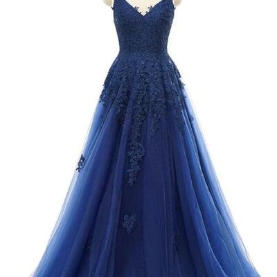 Spaghetti straps a line navy blue lace prom dress with appliques - Thumbnail 2