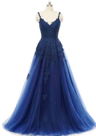 Spaghetti Straps A Line Navy Blue Lace Prom Dress With Appliques