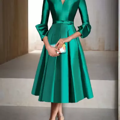 Elegant short green satin mother of the bride dress a-line v-neck pleats godmother dresses formal party gown pleats