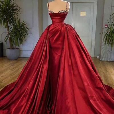 Vintage spaghetti strap sleeveless long prom dresses with train
