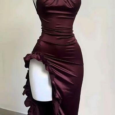 Sexy straps slit ruffles prom dress