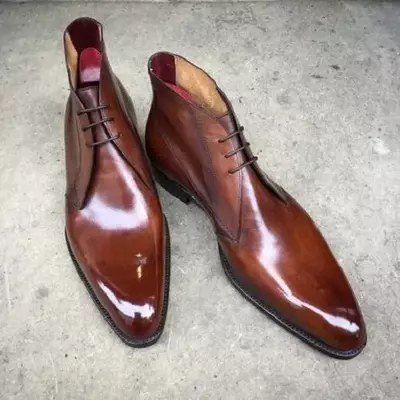 Handmade men's brown leather chukka round toe ankle boots lace up dress boots